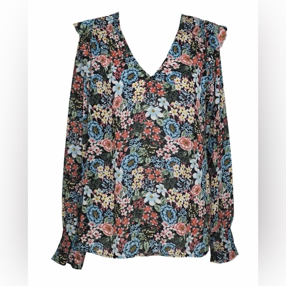 LOFT Floral V-Neck Flutter Shoulder Long Sleeve Blouse